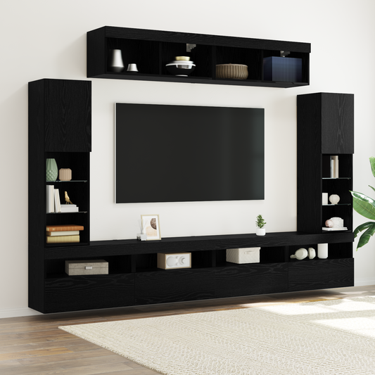 8 Styk Tv Væg Enheder med Led Sort Eg Konstrueret Træ - hovedbillede