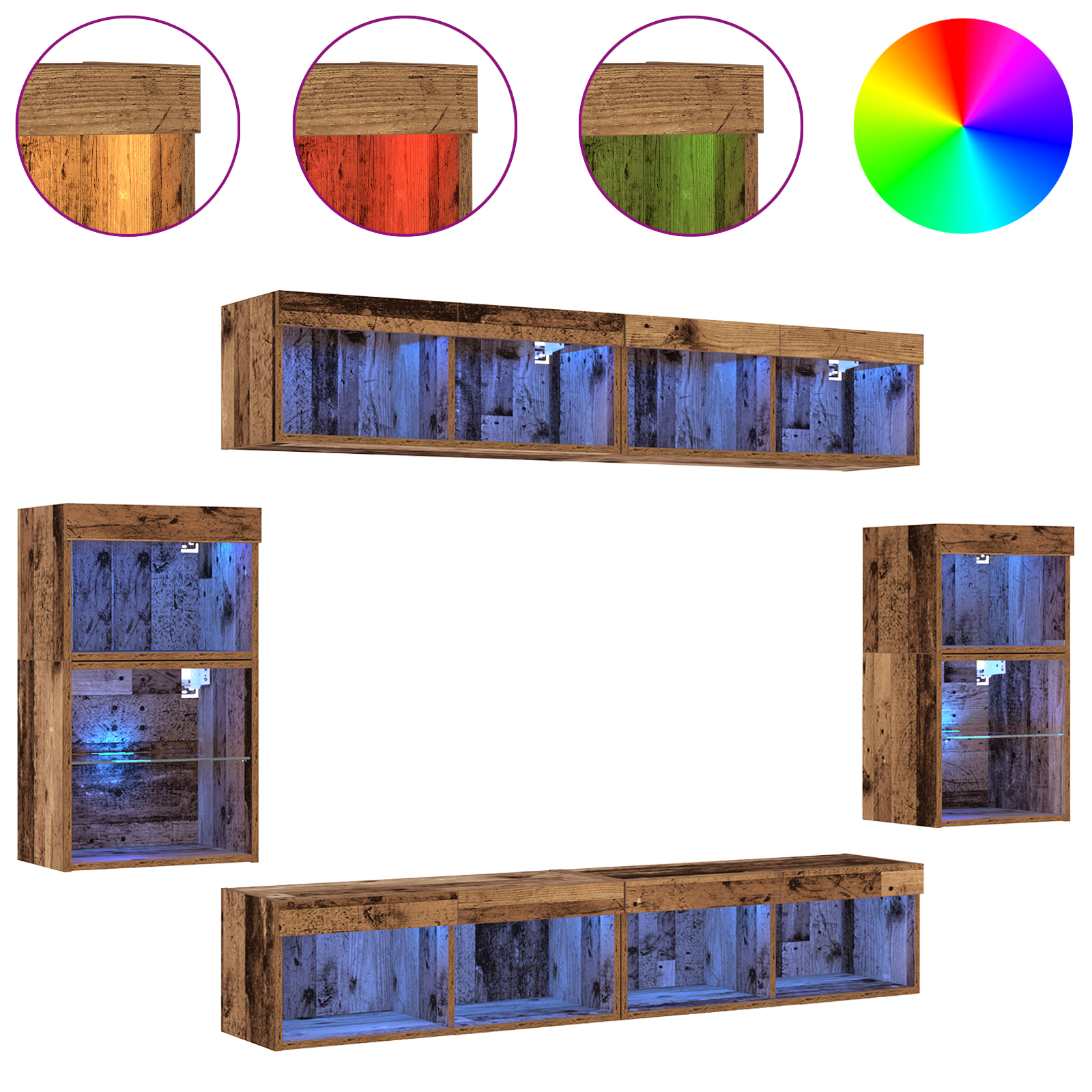 Flydende Hylde 2 Stk Gammelt Træ 40x28.5x40 Cm Konstrueret Træ&&vægskabe med Led-lys 2 Stk Gammelt Træ 40x30x30 Cm&&tv Vægskabe med Led-lys 2 Stk Gammelt Træ 80x30x30 Cm - billede 4