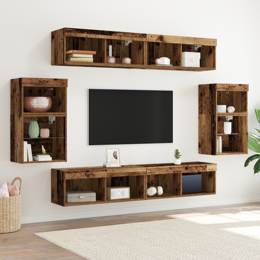 Flydende Hylde 2 Stk Gammelt Træ 40x28.5x40 Cm Konstrueret Træ&&vægskabe med Led-lys 2 Stk Gammelt Træ 40x30x30 Cm&&tv Vægskabe med Led-lys 2 Stk Gammelt Træ 80x30x30 Cm - hovedbillede
