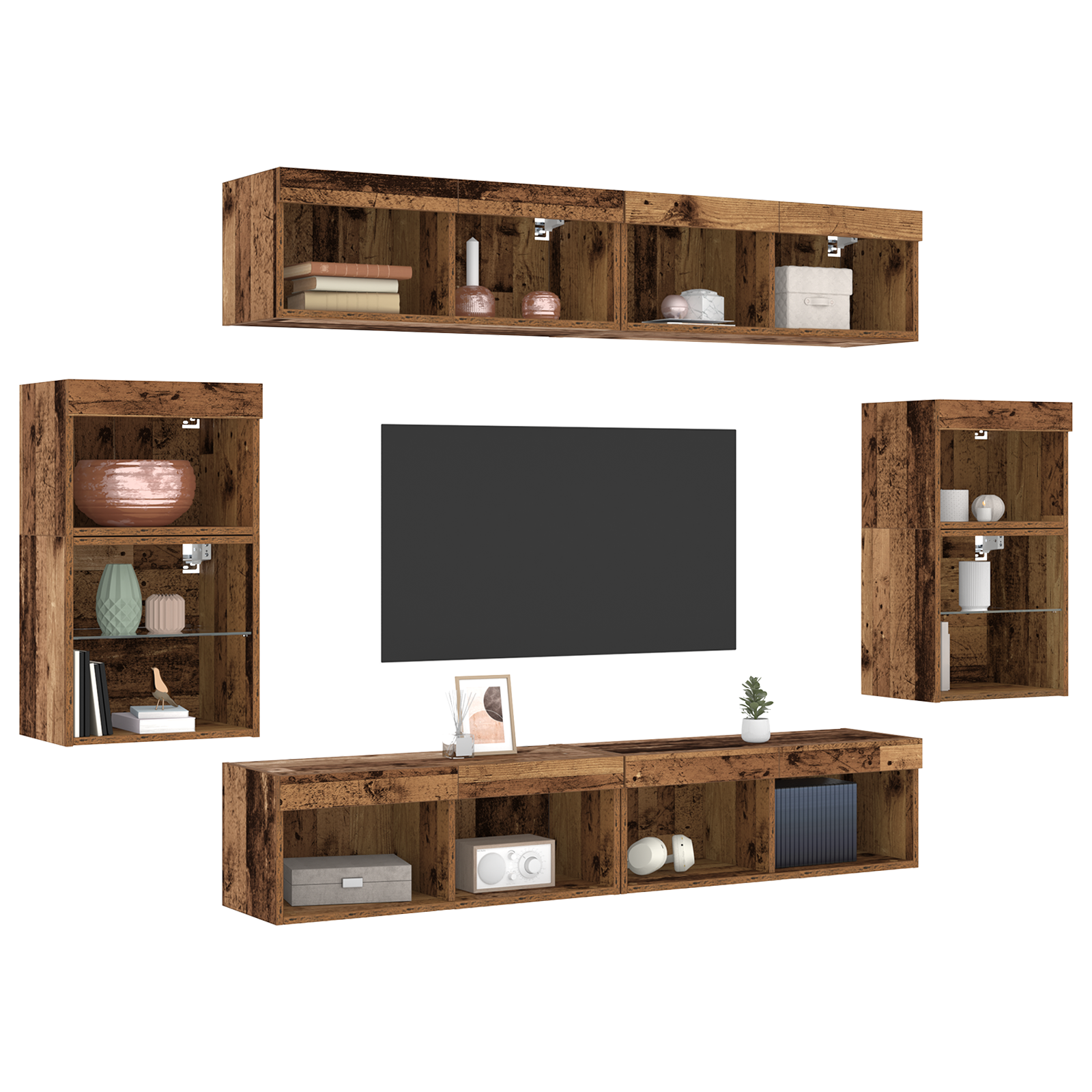 Flydende Hylde 2 Stk Gammelt Træ 40x28.5x40 Cm Konstrueret Træ&&vægskabe med Led-lys 2 Stk Gammelt Træ 40x30x30 Cm&&tv Vægskabe med Led-lys 2 Stk Gammelt Træ 80x30x30 Cm - billede 3