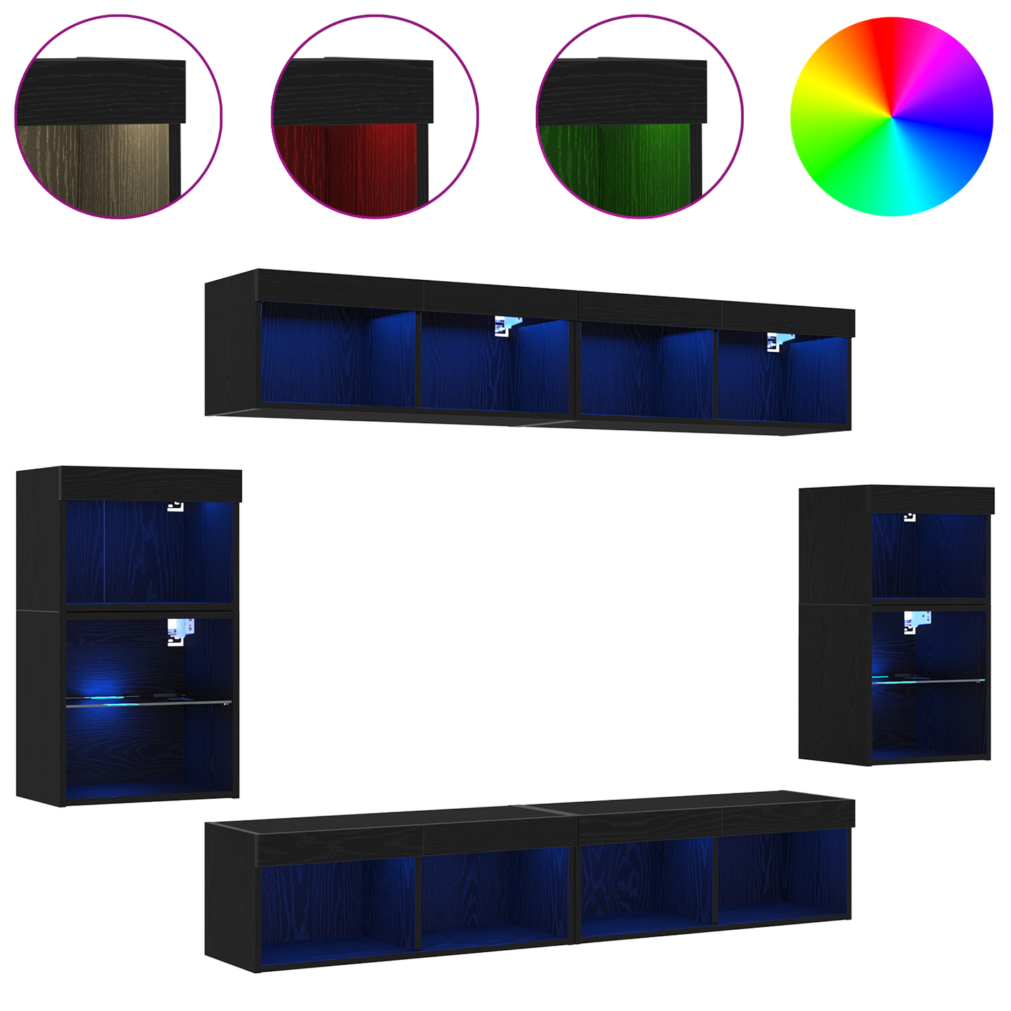 Svævende Hylde 2 Stk Sort Eg 40x28,5x40 Cm Ingeniørtræ&&vægskabe med Led Lys 2 Stk Sort Eg 40x30x30 Cm&&tv Vægskabe med Led Lys 2 Stk Sort Eg 80x30x30 Cm - billede 4