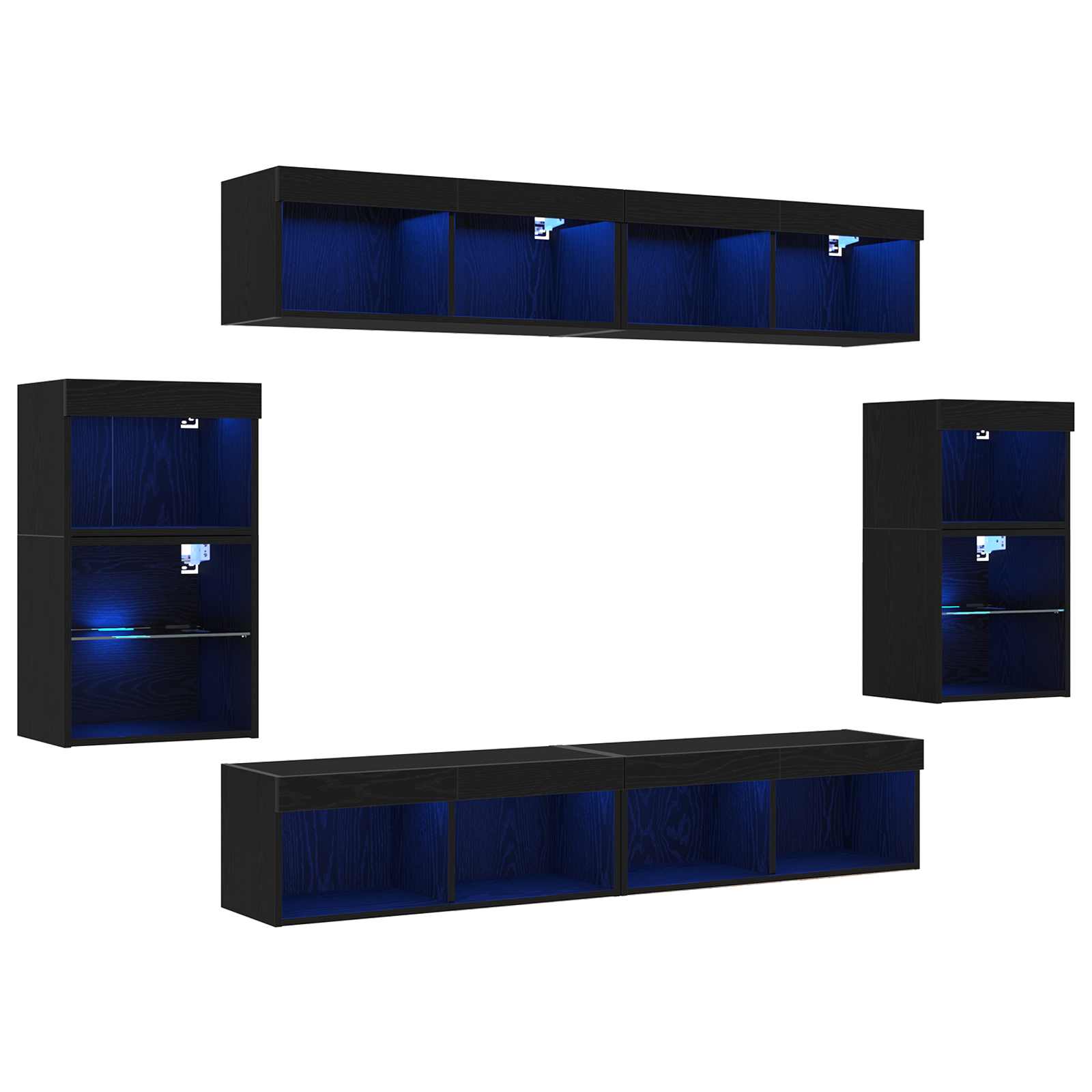 Svævende Hylde 2 Stk Sort Eg 40x28,5x40 Cm Ingeniørtræ&&vægskabe med Led Lys 2 Stk Sort Eg 40x30x30 Cm&&tv Vægskabe med Led Lys 2 Stk Sort Eg 80x30x30 Cm - billede 2