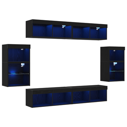 Svævende Hylde 2 Stk Sort Eg 40x28,5x40 Cm Ingeniørtræ&&vægskabe med Led Lys 2 Stk Sort Eg 40x30x30 Cm&&tv Vægskabe med Led Lys 2 Stk Sort Eg 80x30x30 Cm - billede 2