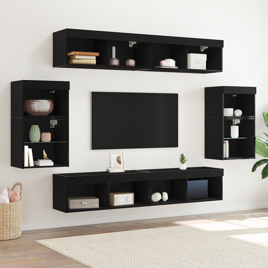 Svævende Hylde 2 Stk Sort Eg 40x28,5x40 Cm Ingeniørtræ&&vægskabe med Led Lys 2 Stk Sort Eg 40x30x30 Cm&&tv Vægskabe med Led Lys 2 Stk Sort Eg 80x30x30 Cm - hovedbillede