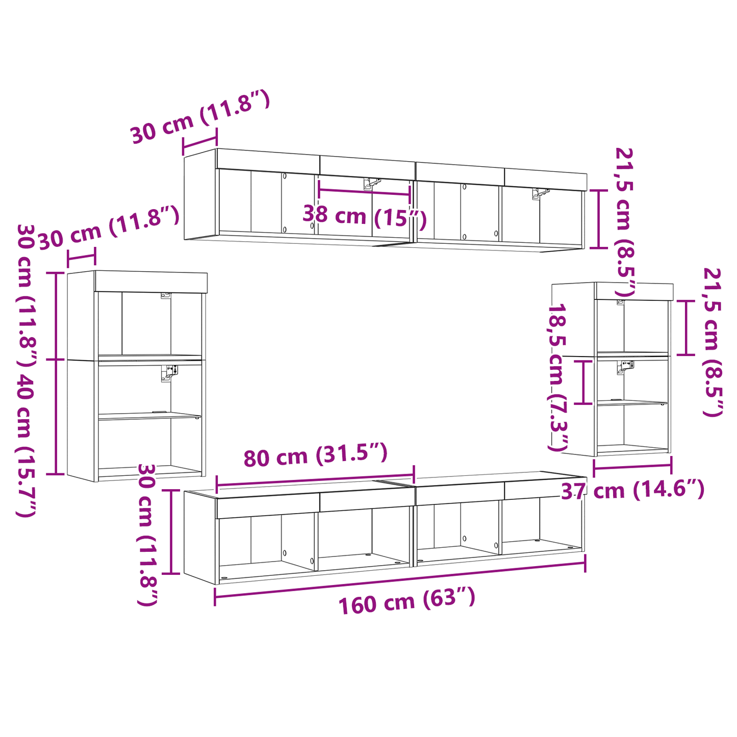 Svævende Hylde 2 Stk Sort Eg 40x28,5x40 Cm Ingeniørtræ&&vægskabe med Led Lys 2 Stk Sort Eg 40x30x30 Cm&&tv Vægskabe med Led Lys 2 Stk Sort Eg 80x30x30 Cm - billede 13