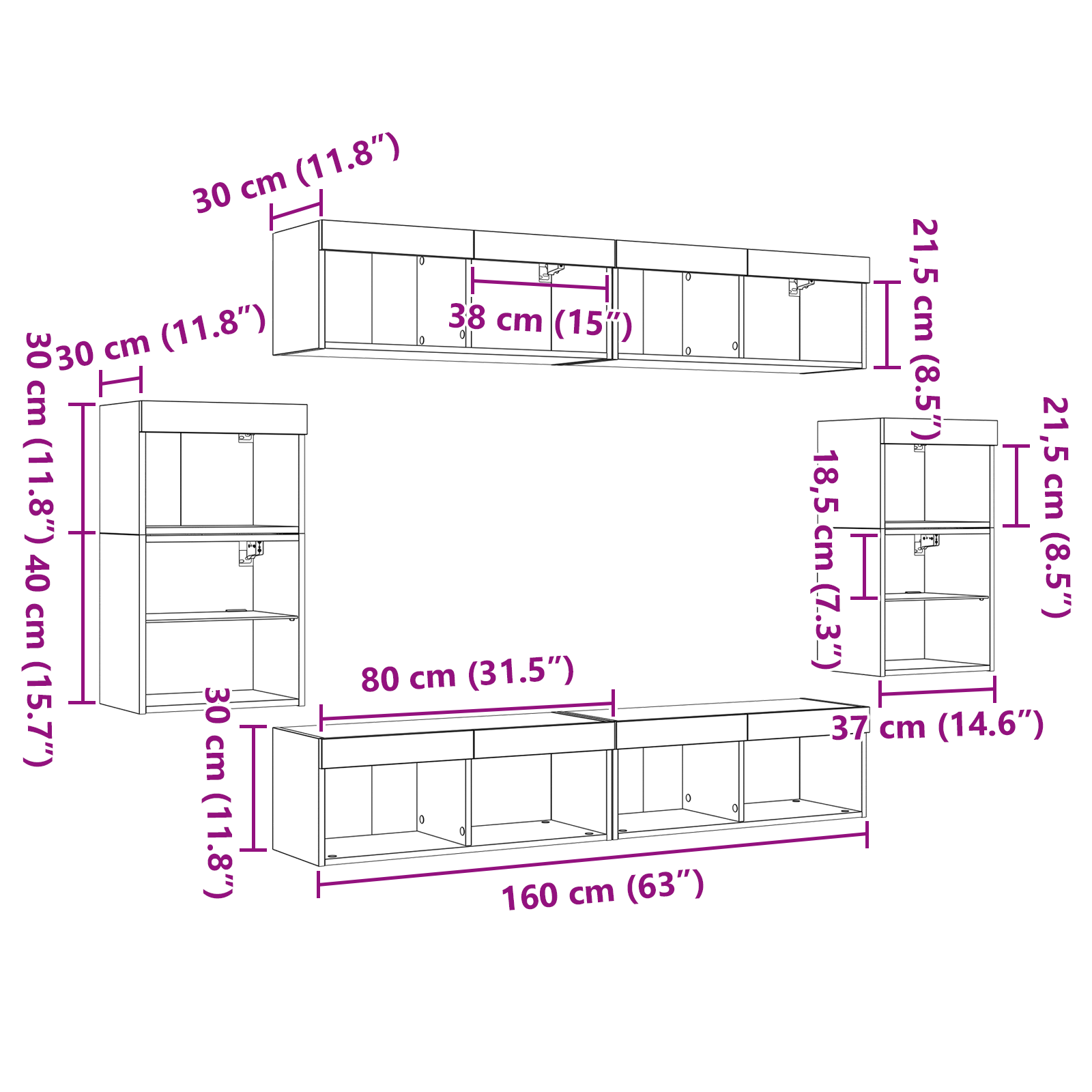 Svævende Hylde 2 Stk Sort Eg 40x28,5x40 Cm Ingeniørtræ&&vægskabe med Led Lys 2 Stk Sort Eg 40x30x30 Cm&&tv Vægskabe med Led Lys 2 Stk Sort Eg 80x30x30 Cm - billede 13