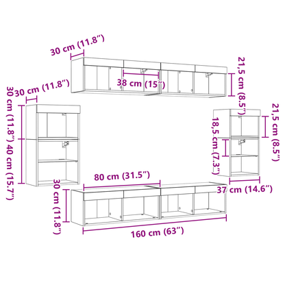 Svævende Hylde 2 Stk Sort Eg 40x28,5x40 Cm Ingeniørtræ&&vægskabe med Led Lys 2 Stk Sort Eg 40x30x30 Cm&&tv Vægskabe med Led Lys 2 Stk Sort Eg 80x30x30 Cm - billede 13