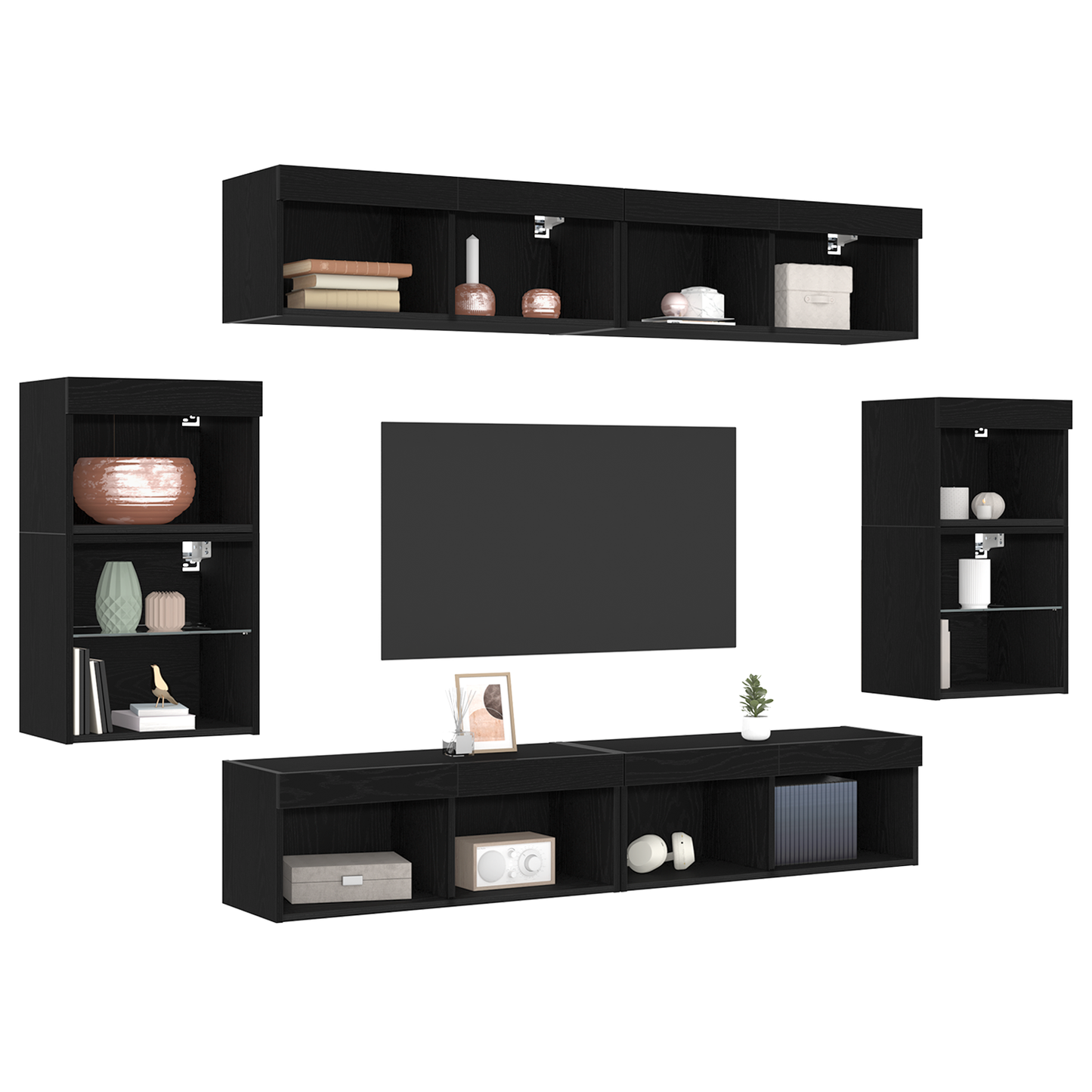 Svævende Hylde 2 Stk Sort Eg 40x28,5x40 Cm Ingeniørtræ&&vægskabe med Led Lys 2 Stk Sort Eg 40x30x30 Cm&&tv Vægskabe med Led Lys 2 Stk Sort Eg 80x30x30 Cm - billede 3