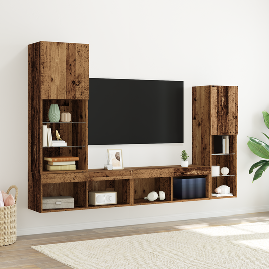 Tv Skab med Led Lys Forvitret Træ 40,5x30x102 Cm&&tv Vægskabe med Led Lys 2 Stk Forvitret Træ 80x30x30 Cm - hovedbillede