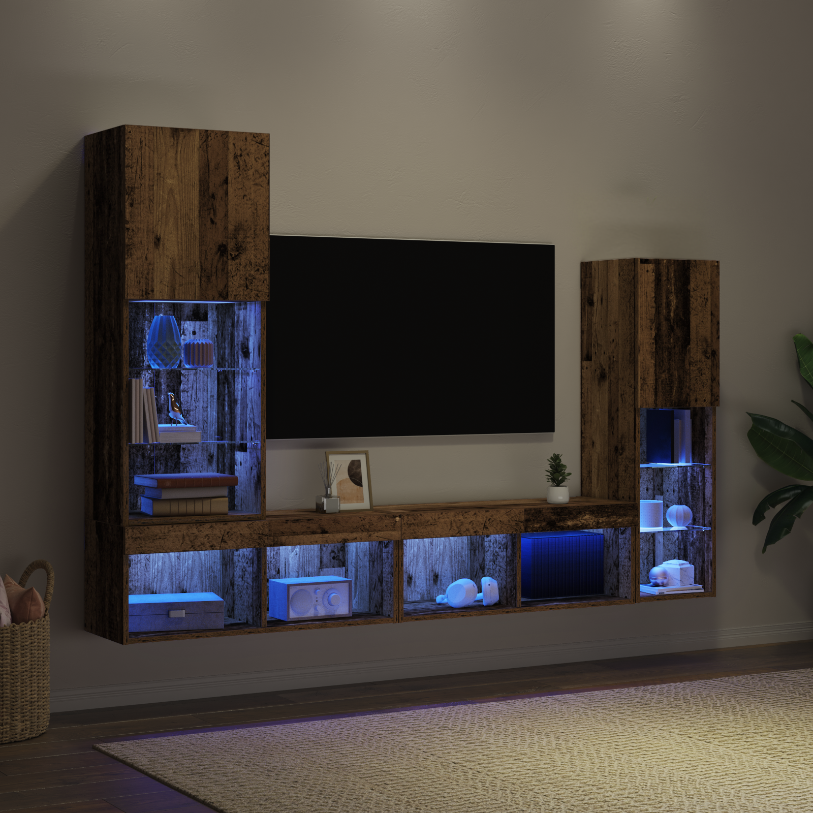 Tv Skab med Led Lys Forvitret Træ 40,5x30x102 Cm&&tv Vægskabe med Led Lys 2 Stk Forvitret Træ 80x30x30 Cm - billede 5