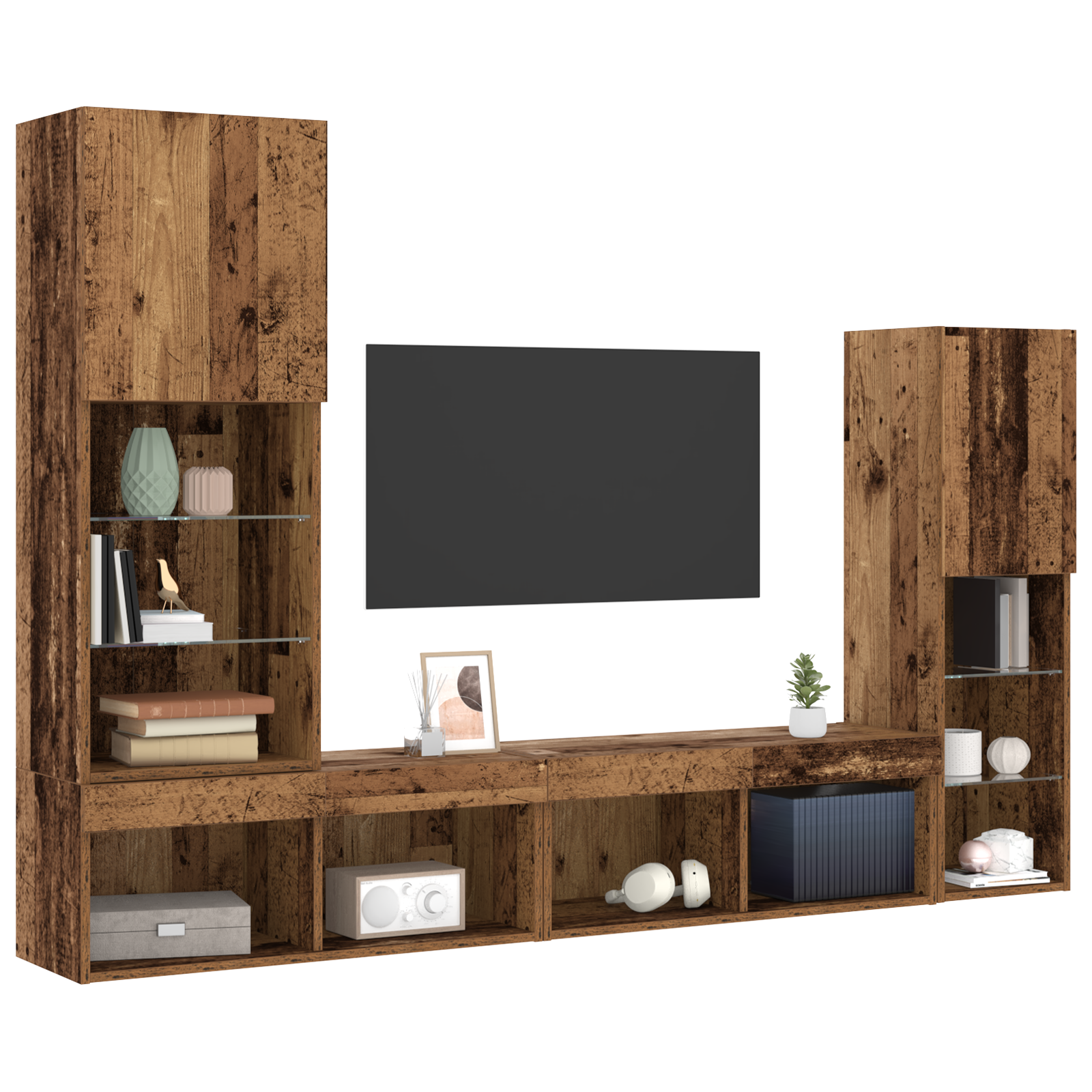 Tv Skab med Led Lys Forvitret Træ 40,5x30x102 Cm&&tv Vægskabe med Led Lys 2 Stk Forvitret Træ 80x30x30 Cm - billede 3