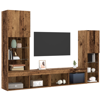 Tv Skab med Led Lys Forvitret Træ 40,5x30x102 Cm&&tv Vægskabe med Led Lys 2 Stk Forvitret Træ 80x30x30 Cm - billede 3
