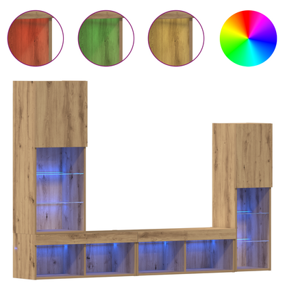 Tv Skab med Led Lys Artisan Eg 40.5x30x102 Cm&&tv Væghylder med Led Lys 2 Stk Artisan Eg 80x30x30 Cm - billede 4