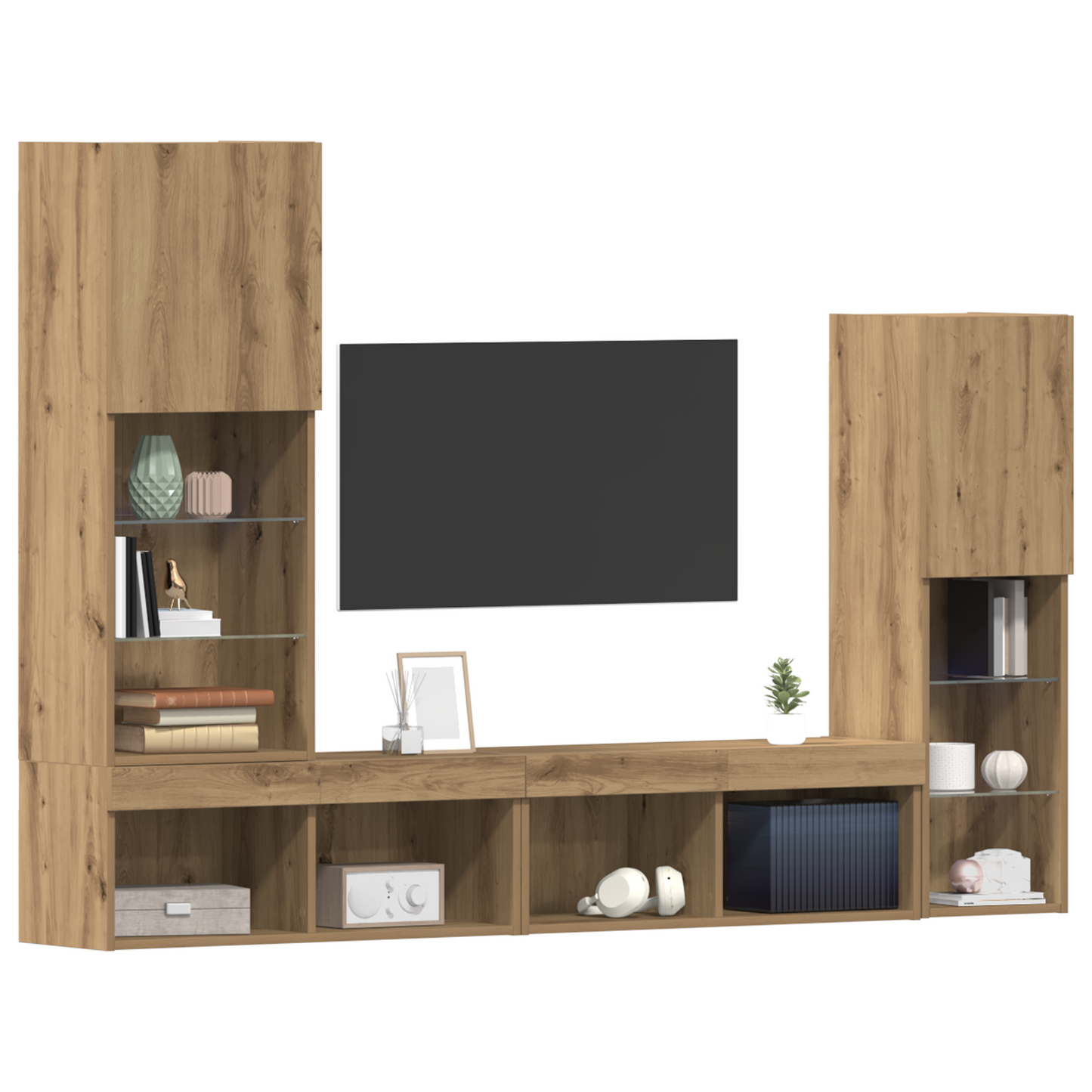 Tv Skab med Led Lys Artisan Eg 40.5x30x102 Cm&&tv Væghylder med Led Lys 2 Stk Artisan Eg 80x30x30 Cm - billede 3