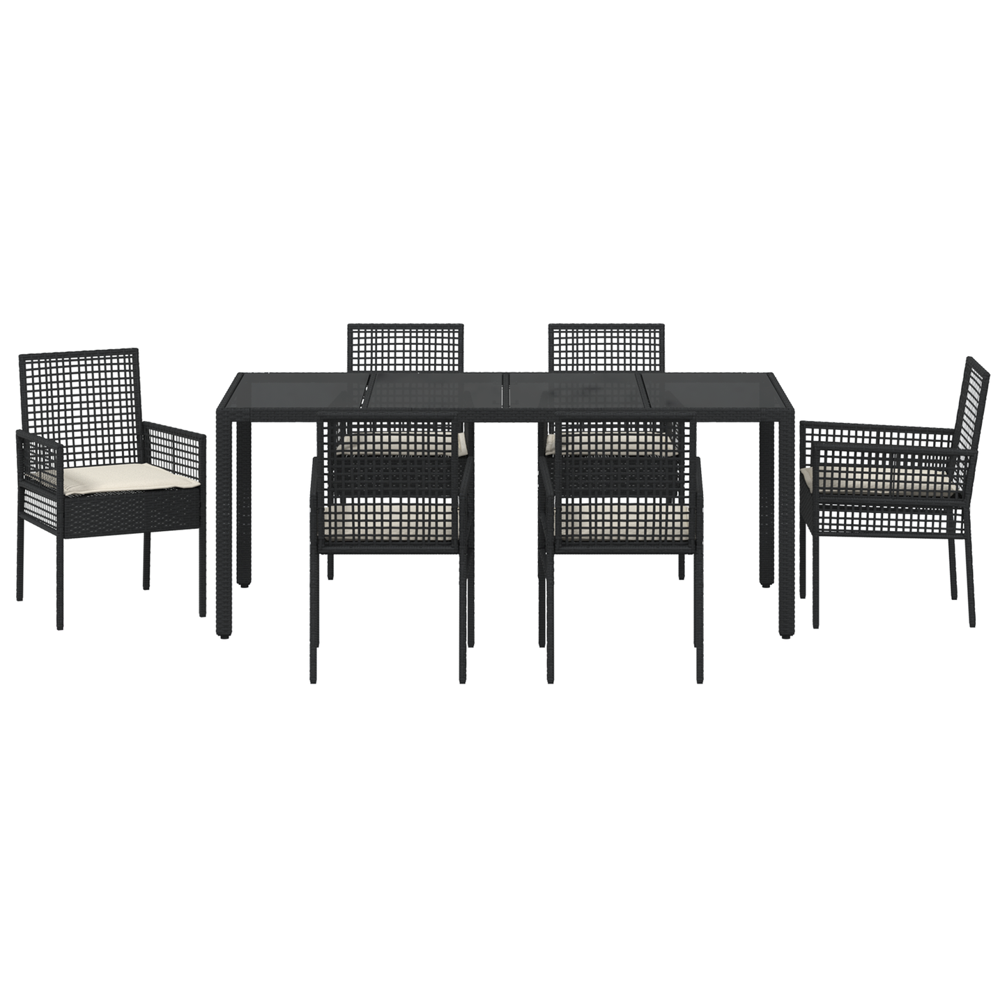 7 Delt Have Spisebord Sæt Med Puder Sort Poly Rattan