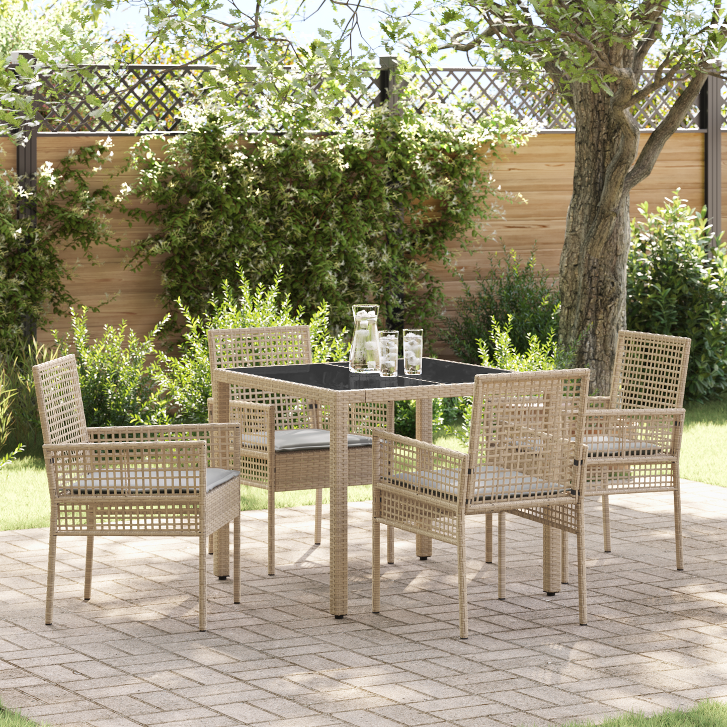 5 Delers Have Spisesæt Med Puder Beige Poly Rattan
