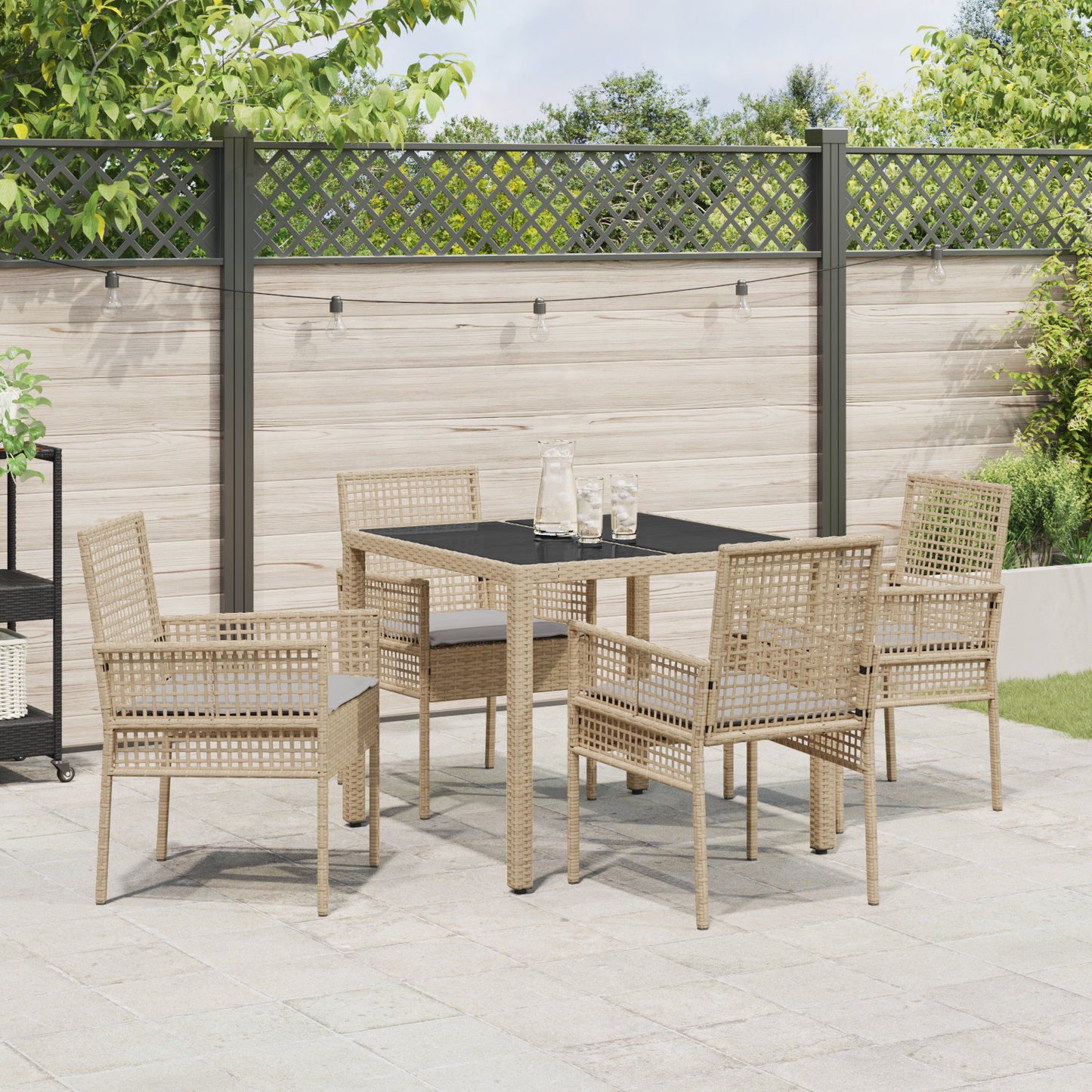 5 Delers Have Spisesæt Med Puder Beige Poly Rattan