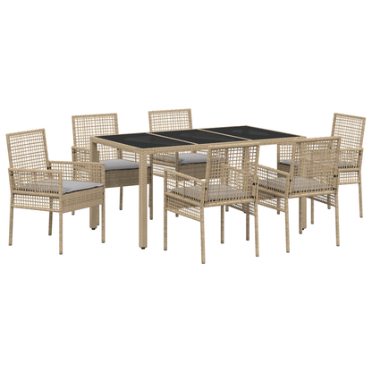 7 Dele Have Spisebordssæt Med Puder Beige Poly Rattan