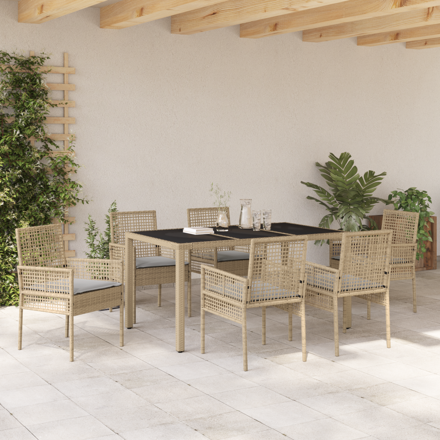 7 Dele Have Spisebordssæt Med Puder Beige Poly Rattan