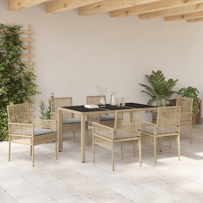 7 Dele Have Spisebordssæt Med Puder Beige Poly Rattan