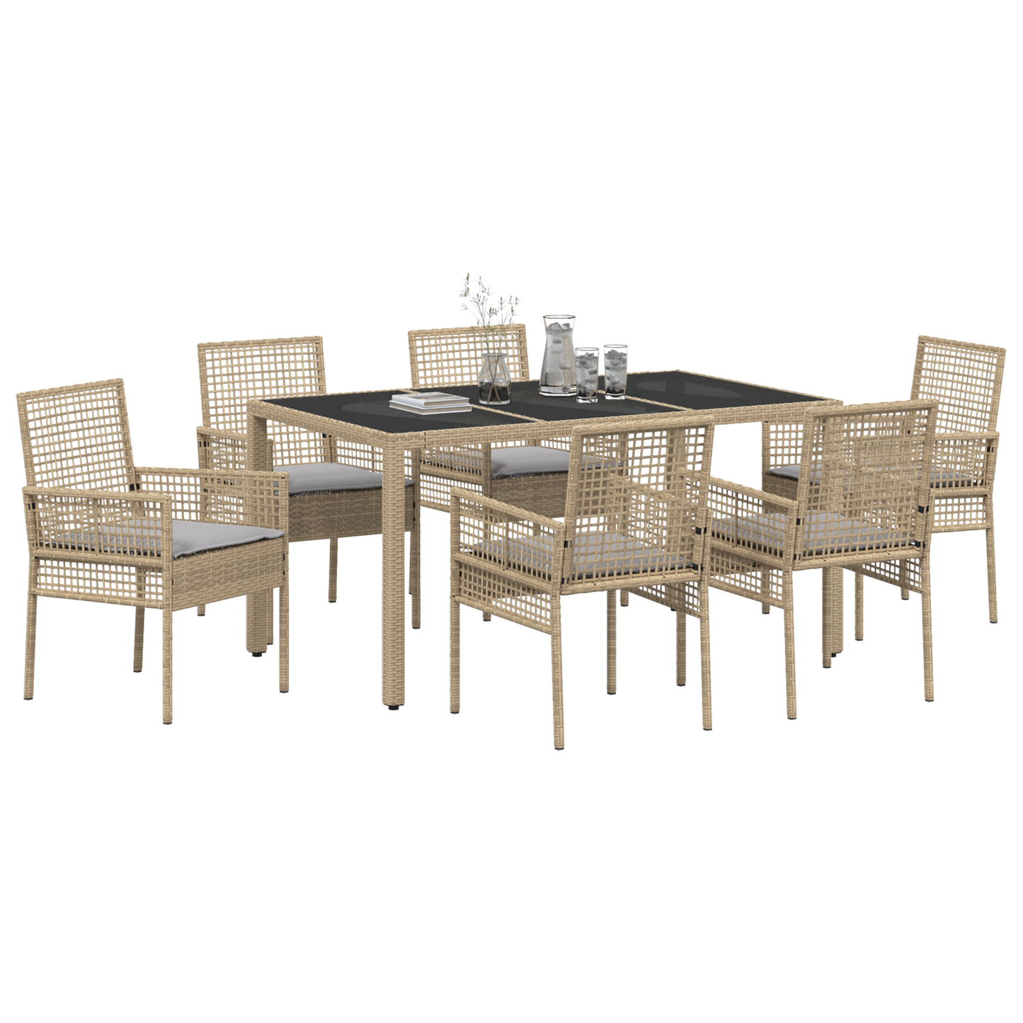 7 Dele Have Spisebordssæt Med Puder Beige Poly Rattan
