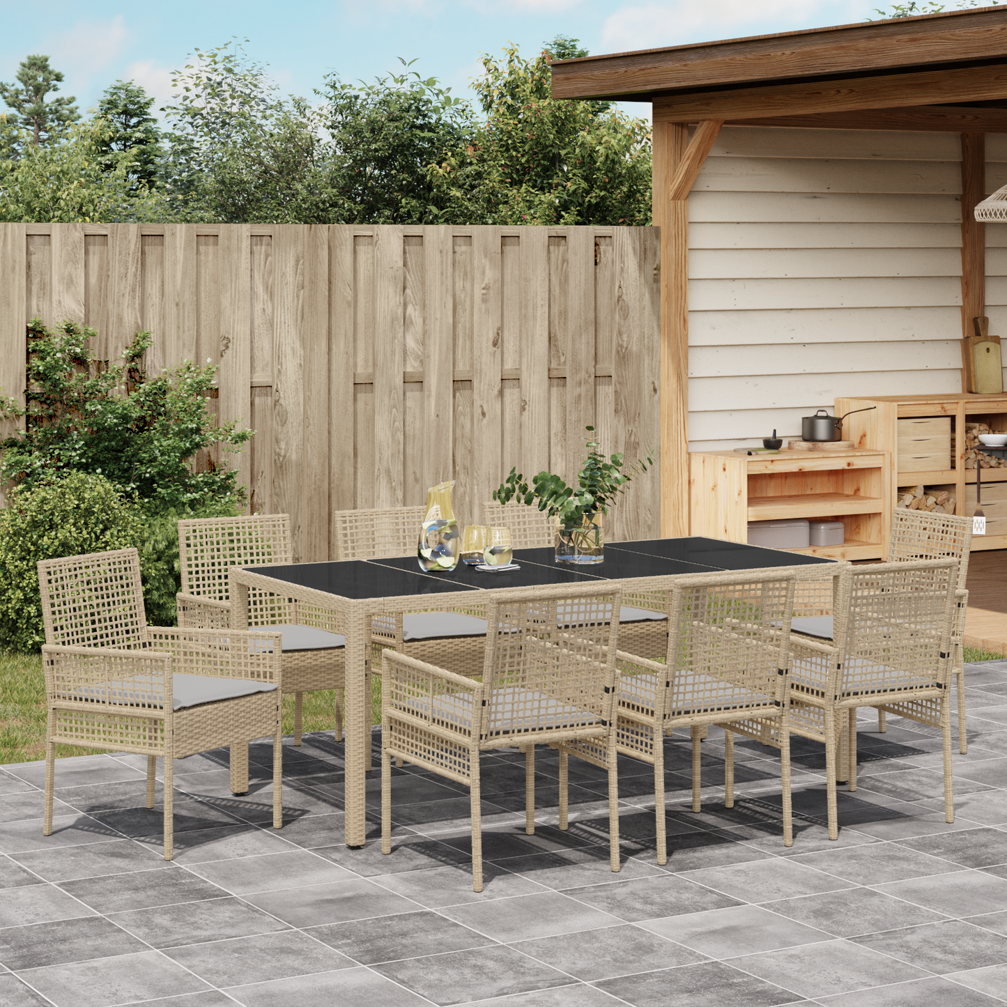 9 Delt Haven Spisesæt Med Puder Beige Poly Rattan