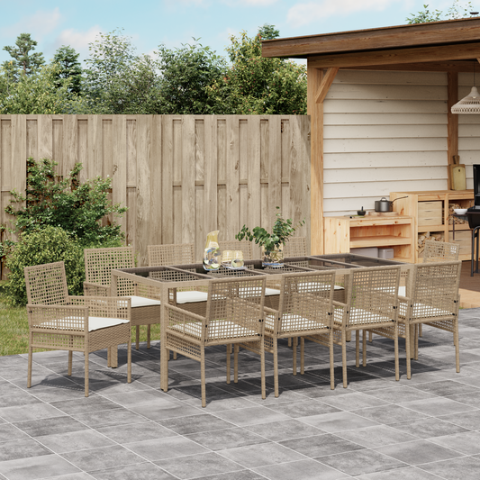11 Piece Have Spisestue Sæt Med Puder Beige Poly Rattan