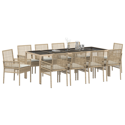 11 Piece Have Spisestue Sæt Med Puder Beige Poly Rattan