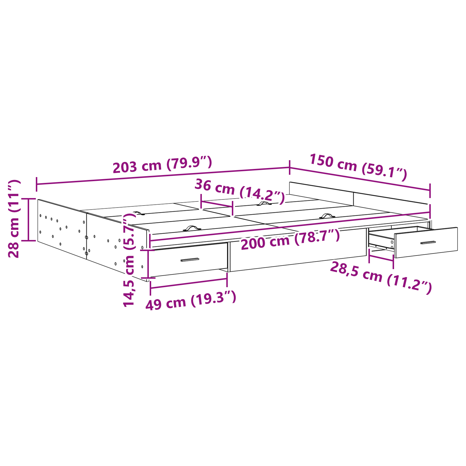 Seng med Opbevaring med Skuffe med Hovedgærde med Opbevaring Hvid 150 X 200 Cm - billede 10
