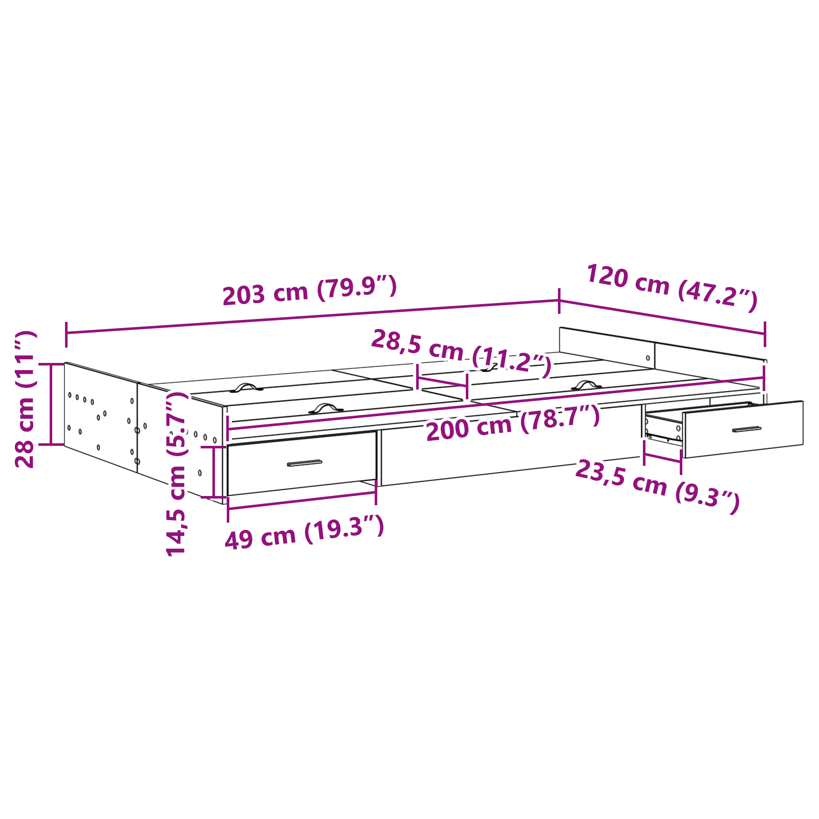 Seng med Opbevaring med Skuffe med Hovedgærde med Opbevaring Sort Eg 120 X 200 Cm Træværk - billede 10
