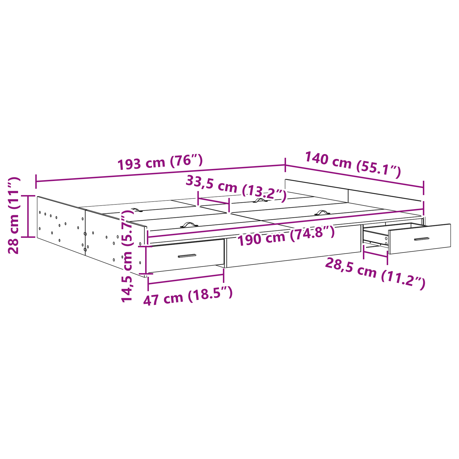 Seng med Opbevaring med Skuffe Sonoma-eg 140 X 190 Cm Melamin - billede 10