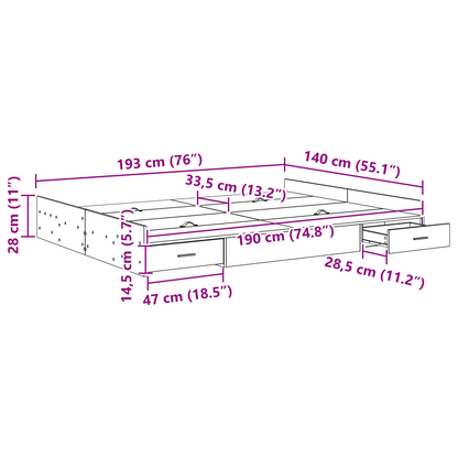 Seng med Opbevaring med Skuffe Sonoma-eg 140 X 190 Cm Melamin - billede 10
