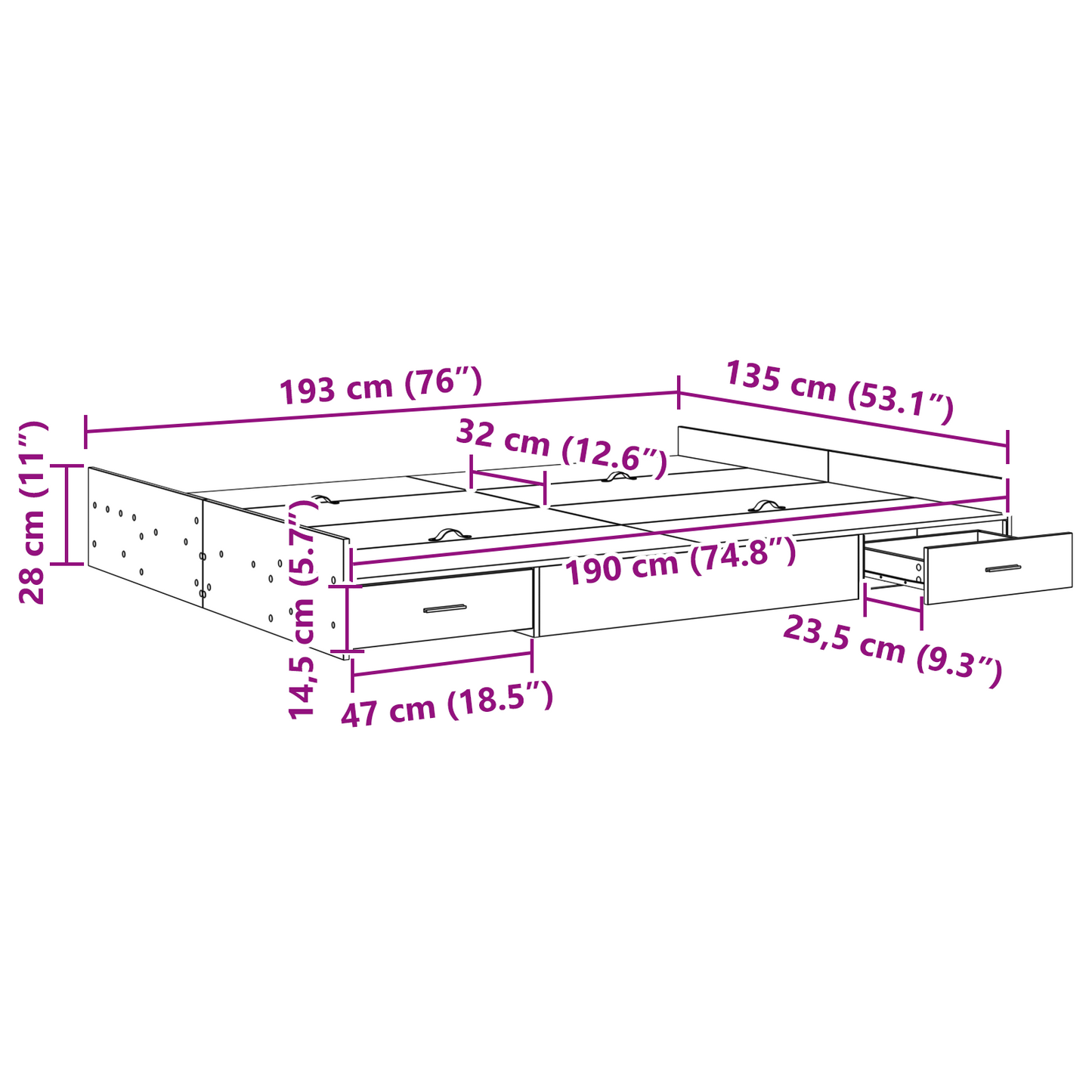 Seng med Opbevaring med Skuffe med Hovedgærde med Opbevaring Hvid 135 X 190 Cm Spånplade - billede 10