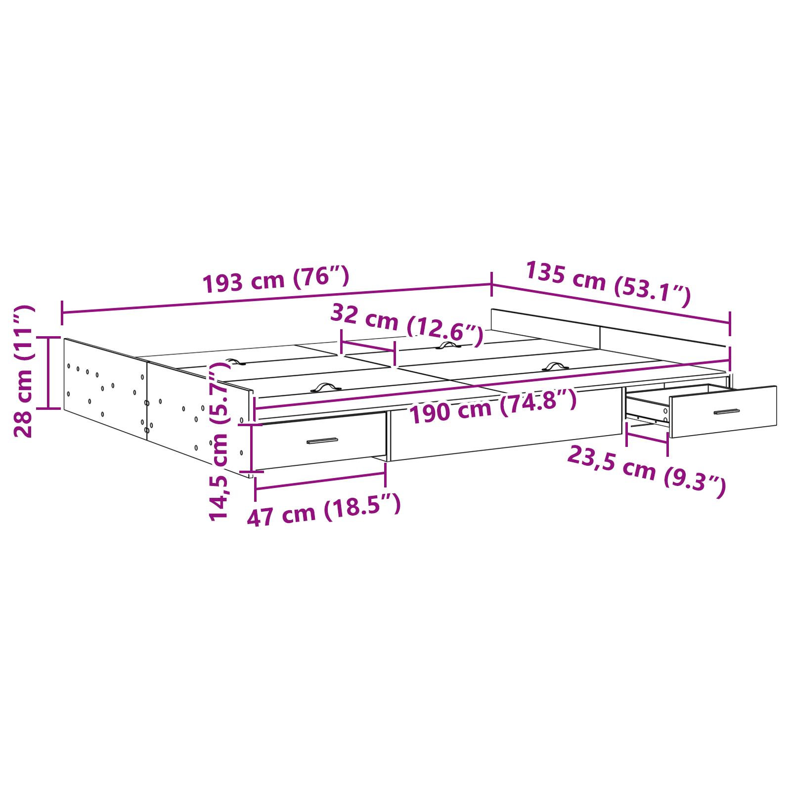 Seng med Opbevaring med Skuffe med Hovedgærde med Opbevaring Hvid 135 X 190 Cm Spånplade - billede 10