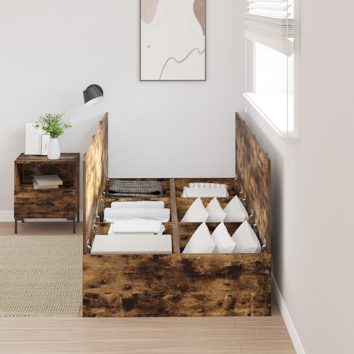 Sengestel Med Opbevaring Røget Eg 100 X 200 Cm Konstrueret Træ