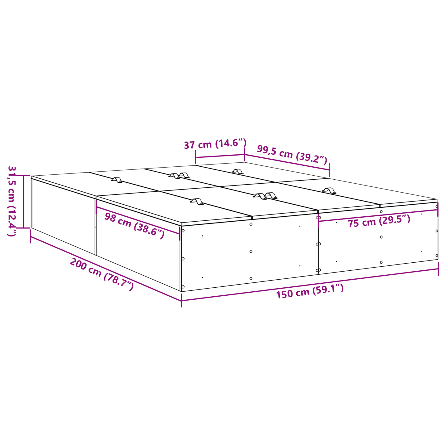 Sengestel Med Opbevaring Sonoma-Eg 150 X 200 Cm Konstrueret Træ