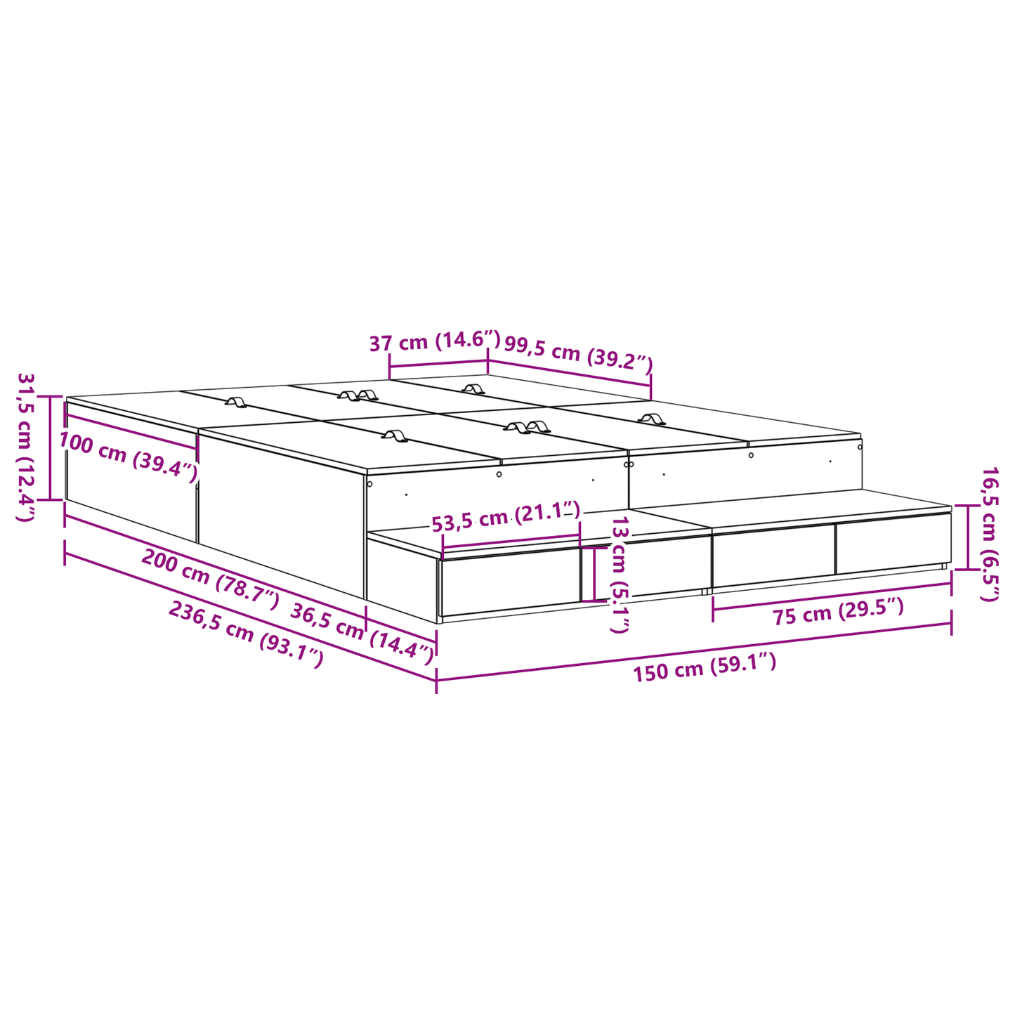 Opbevarings Senge Ramme Sonoma Eg 150x200 Cm - billede 7