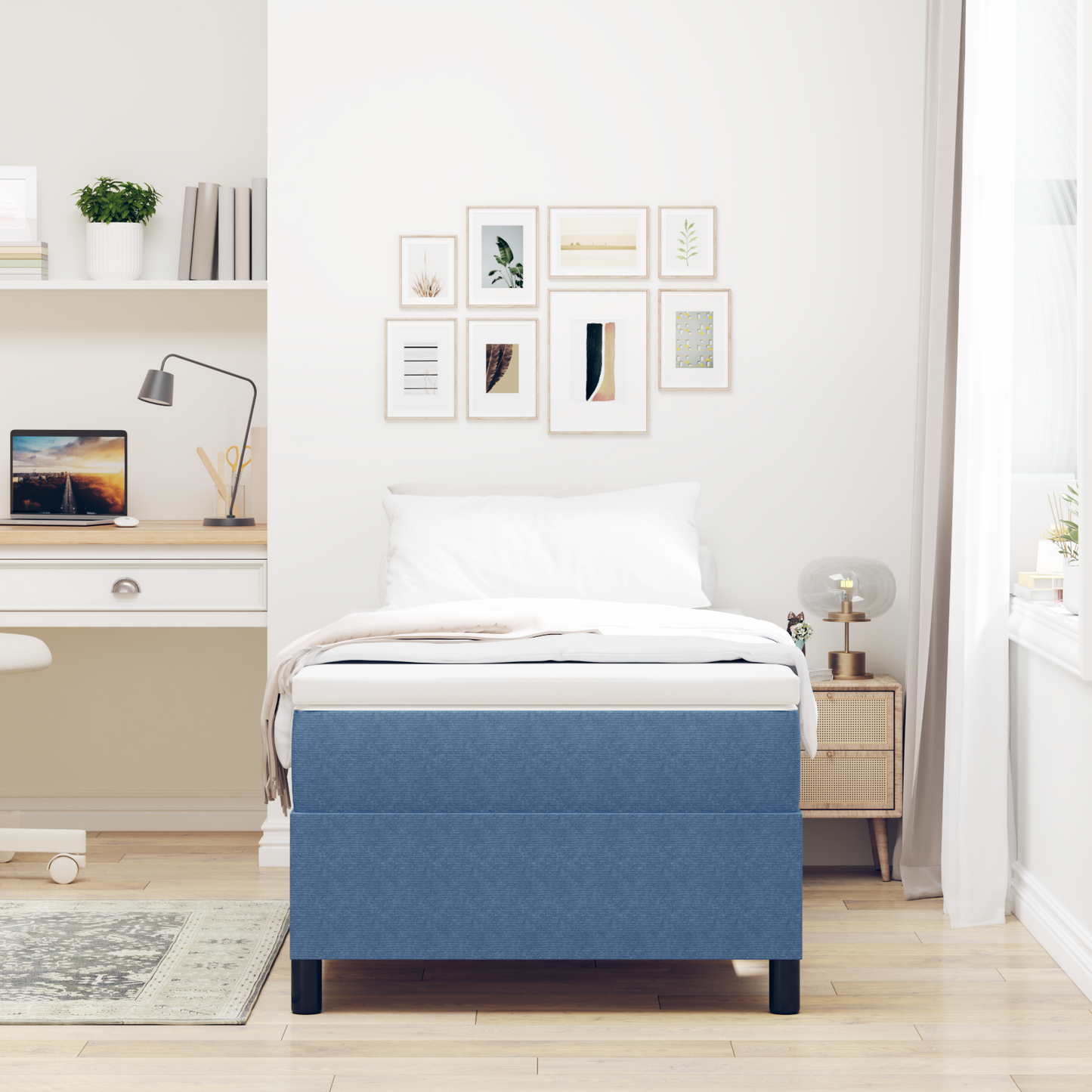 Box Spring Seng Blå Enkelt Corduroy Stof