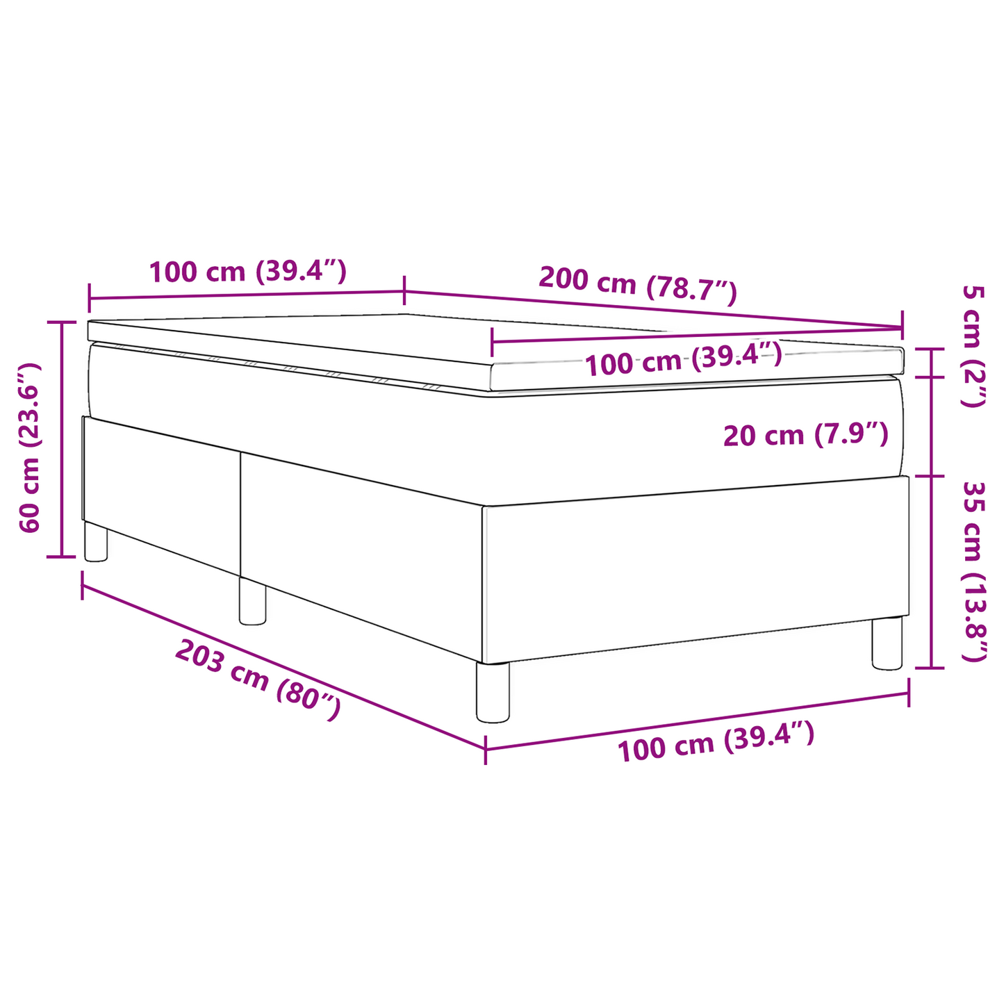 Box Spring Seng Lys Grå Og Hvid 203 X 100 X 60 Cm Corduroy Stof