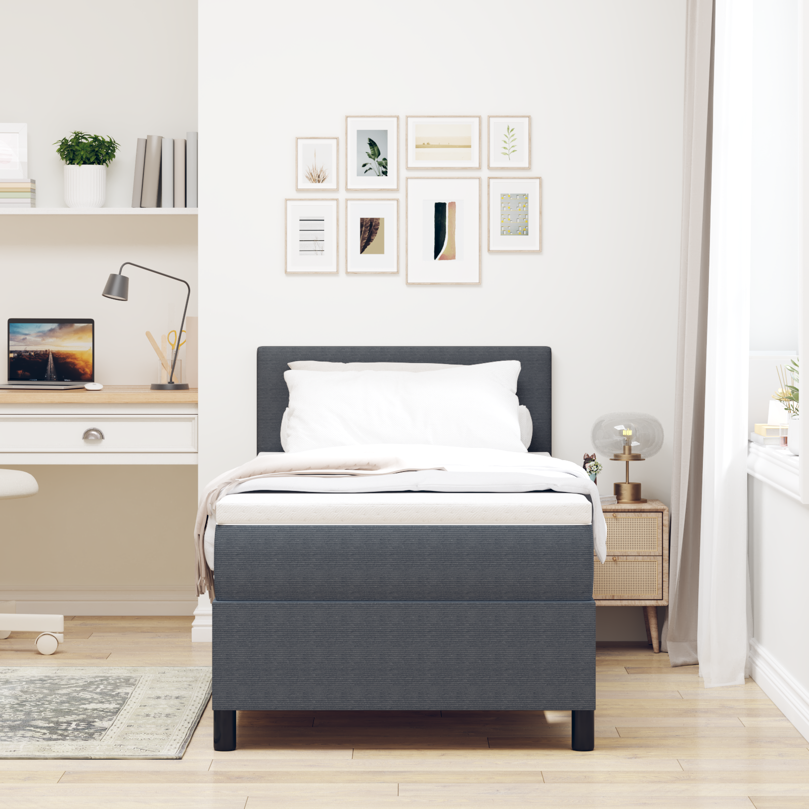 Box Spring Seng med Madras Mørkegrå 90x200 Cm Corduroy Stof - billede 5