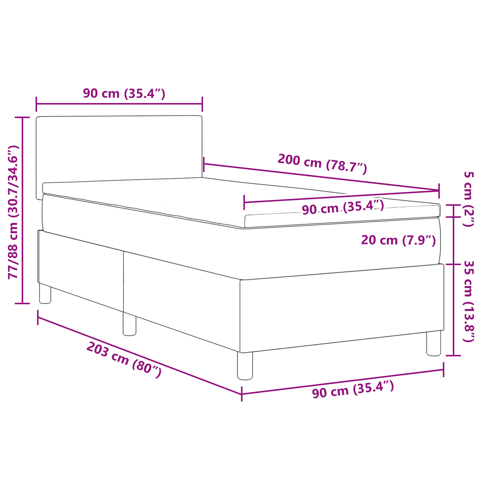 Box Spring Seng med Madras Mørkegrå 90x200 Cm Corduroy Stof - billede 12