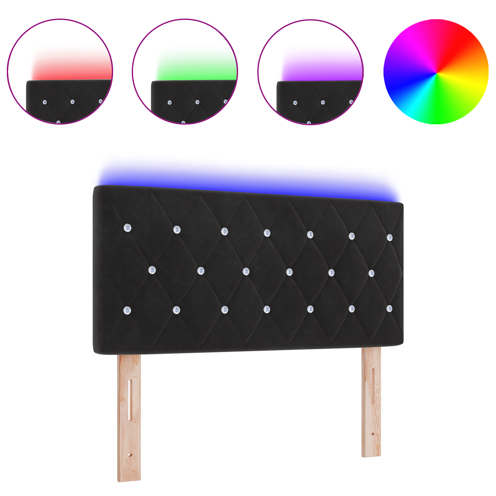 Led Hovedgærde med Krystal Knapper, Pufsort 90 Cm, Velvet - billede 3