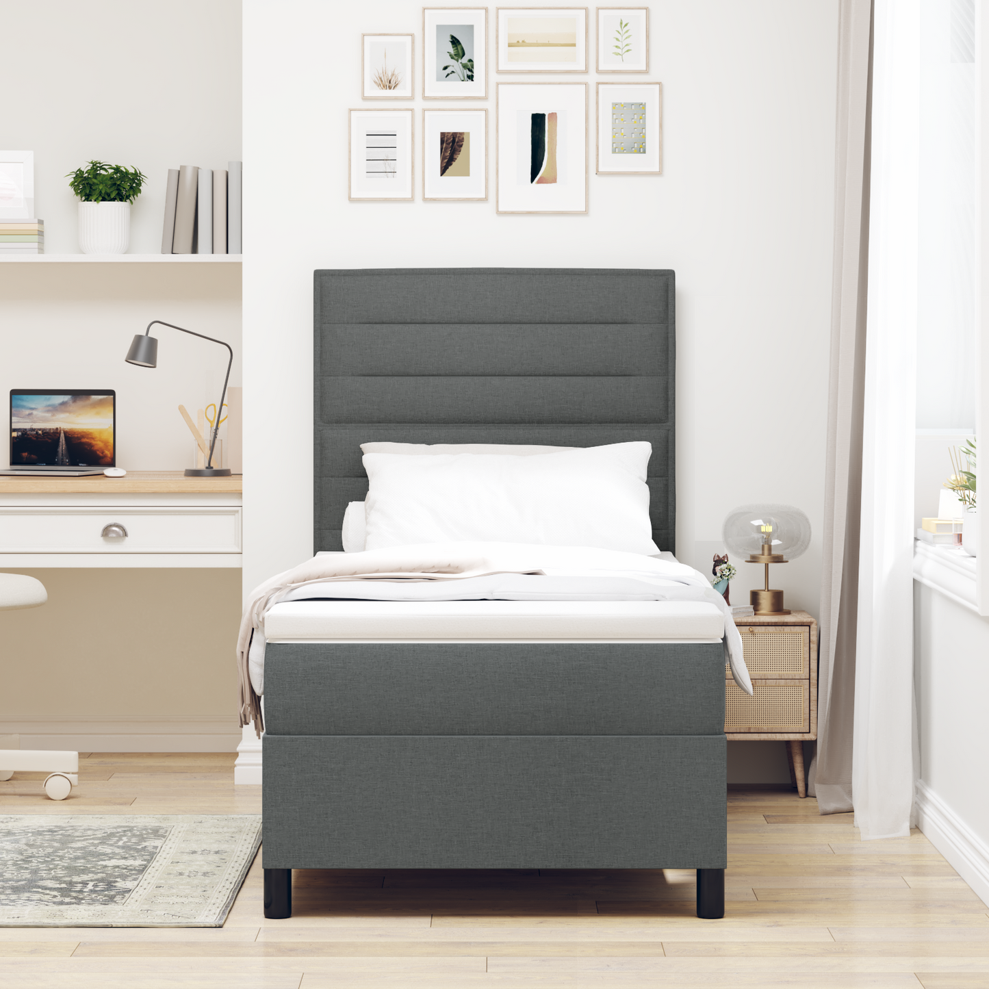 Box Spring Seng Med Madras Mørkegrå 100 X 200 Cm Stof