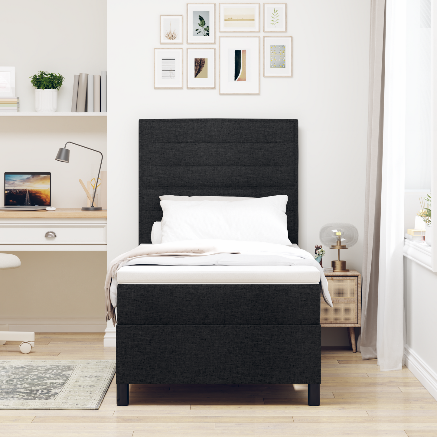 Box Spring Seng Med Madras Sort 100 X 200 Cm Stof