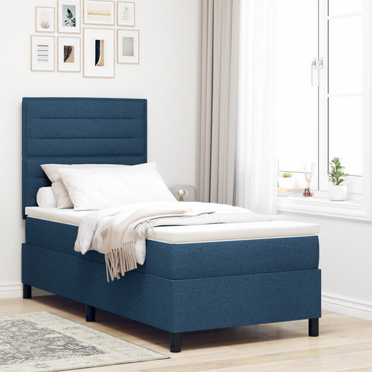 Box Spring Seng Med Madras Med Hovedgærde Blå 100 X 200 Cm Stof