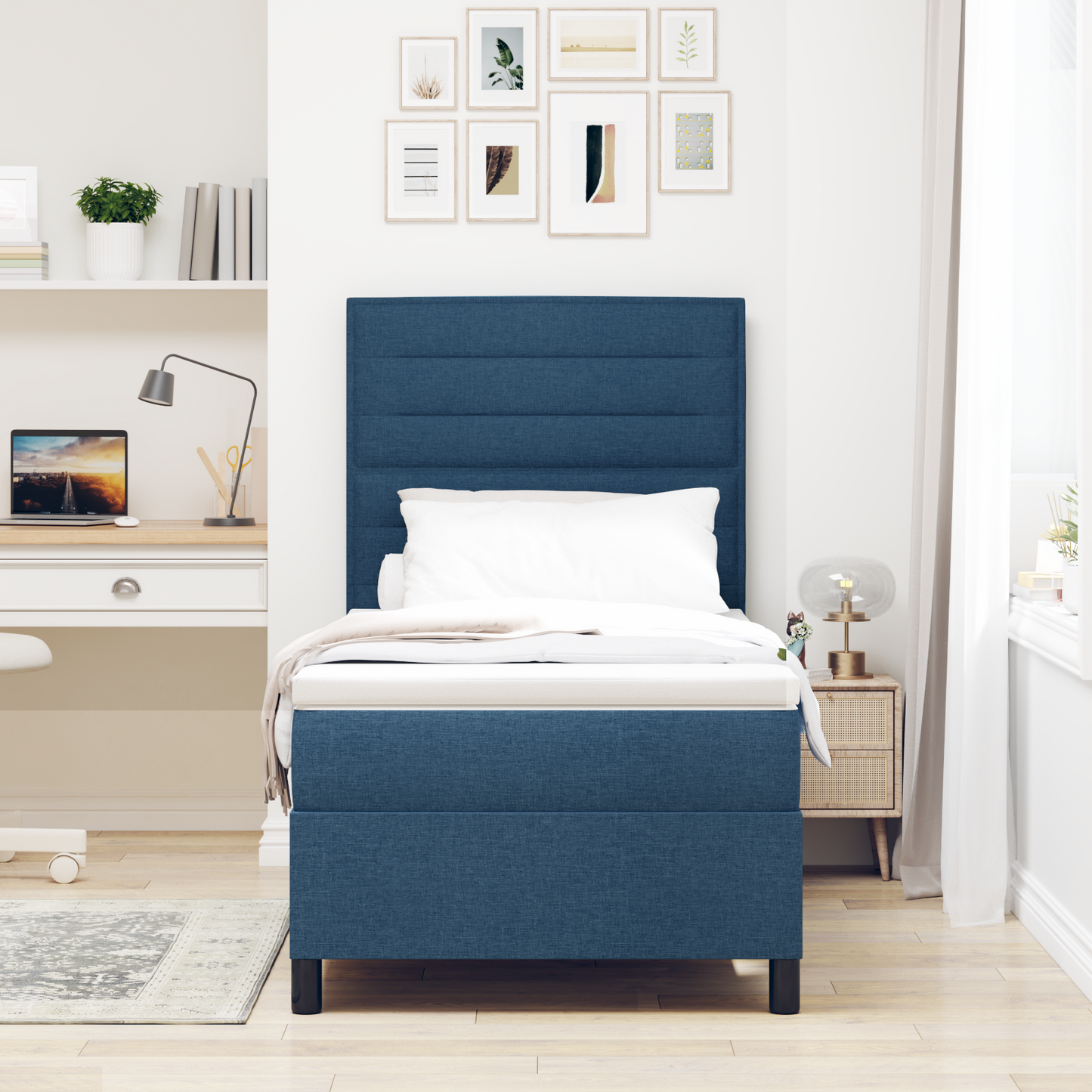 Box Spring Seng Med Madras Med Hovedgærde Blå 100 X 200 Cm Stof