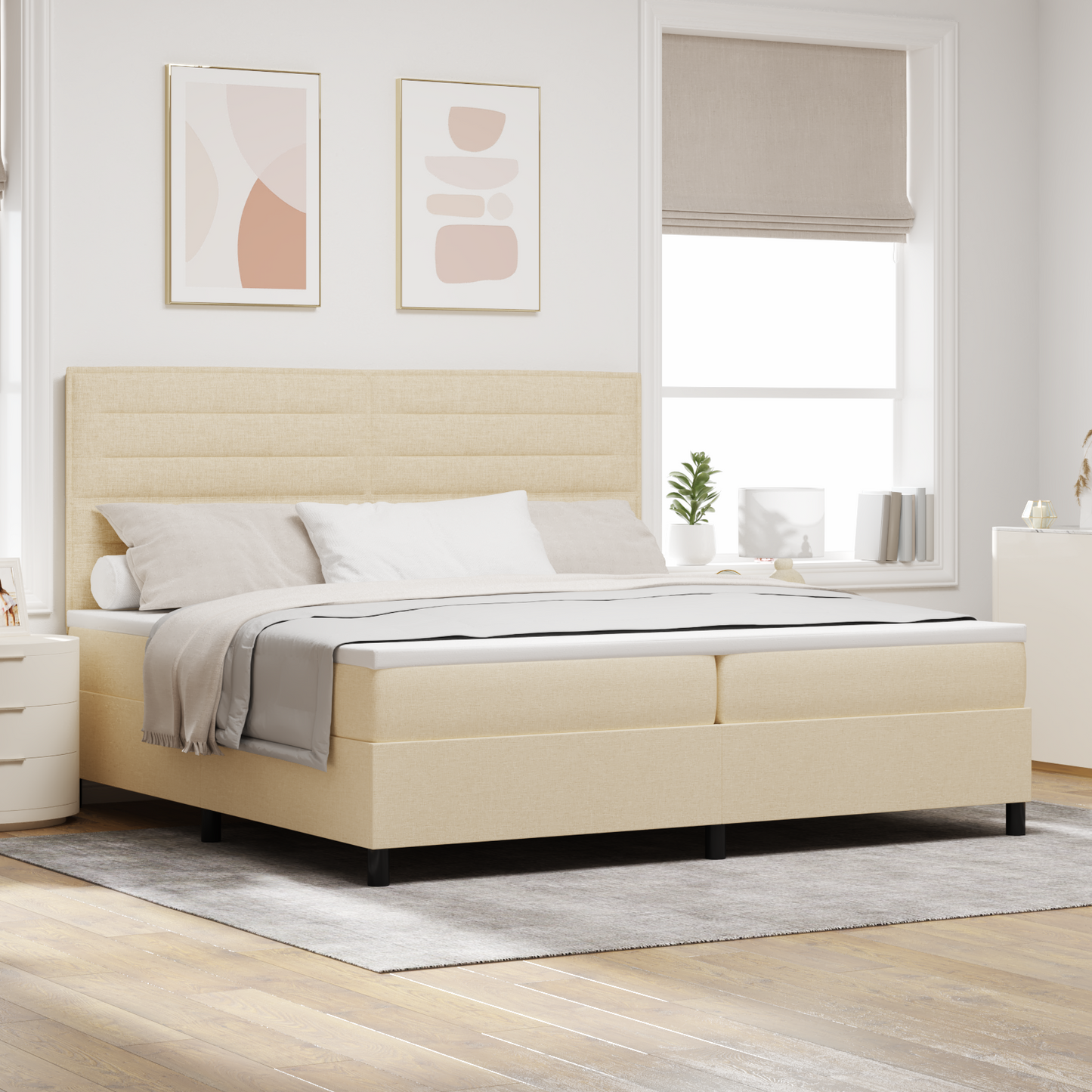 Box Spring Seng Med Madras Creme 200 X 200 Cm Stof