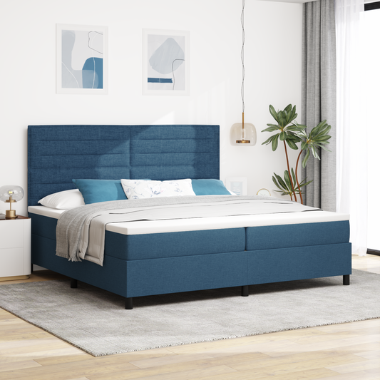 Box Spring Seng Med Madras Med Hovedgærde Blå 200 X 200 Cm Stof