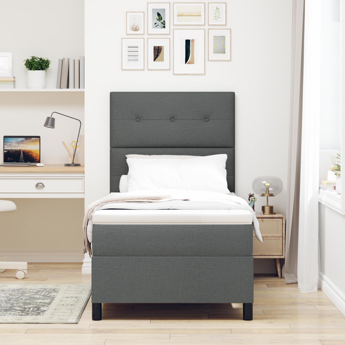 Box Spring Seng Med Madras Mørkegrå 90 X 200 Cm Stof