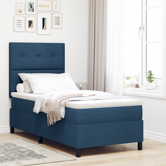 Box Spring Seng Med Madras Med Hovedgærde Blå 90 X 200 Cm Stof